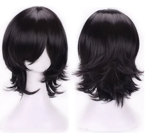 Cabelo em camadas curtas para homens, perucas cosplay anime, peruca de festa, fantasia preta, do outro lado