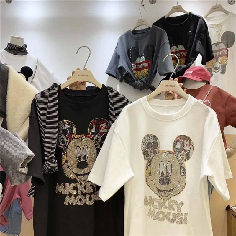 Cartoon Mickey Brand Design Hot drill Women Round Neck Comfortable Half Sleeve T-shirt Ladies Loose Trend Top Popular in Korea