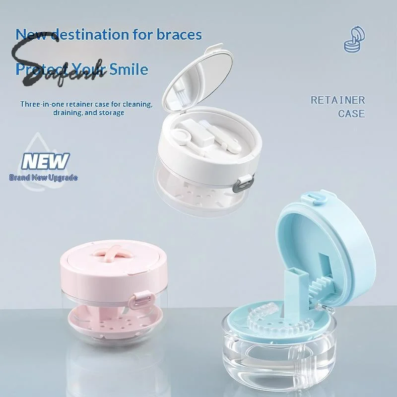 3 In 1 Portable Double-layer Denture Case With Cleaning Brush Storage Box Donut Braces Retainer Braces Organizer