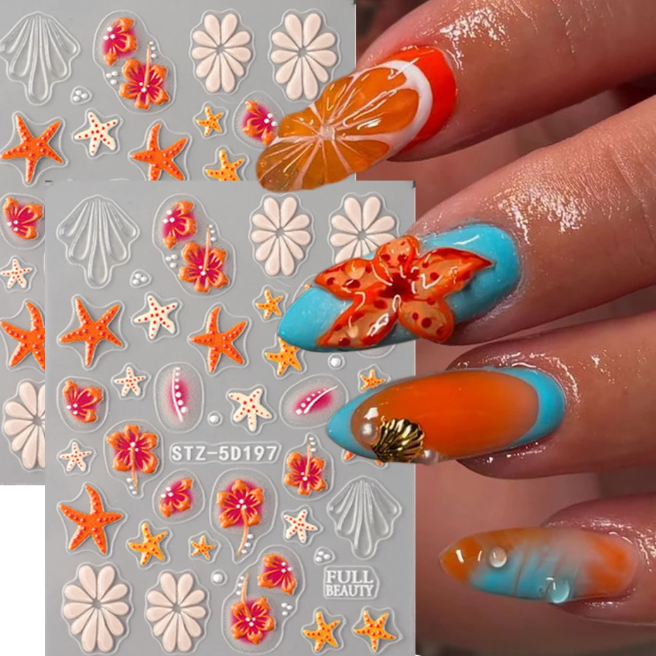 5D Embossed Orange Floral and starfish Nail Sticker - Featuring Vibrant Orange And White Daisies Design Nail Decals for Nail art