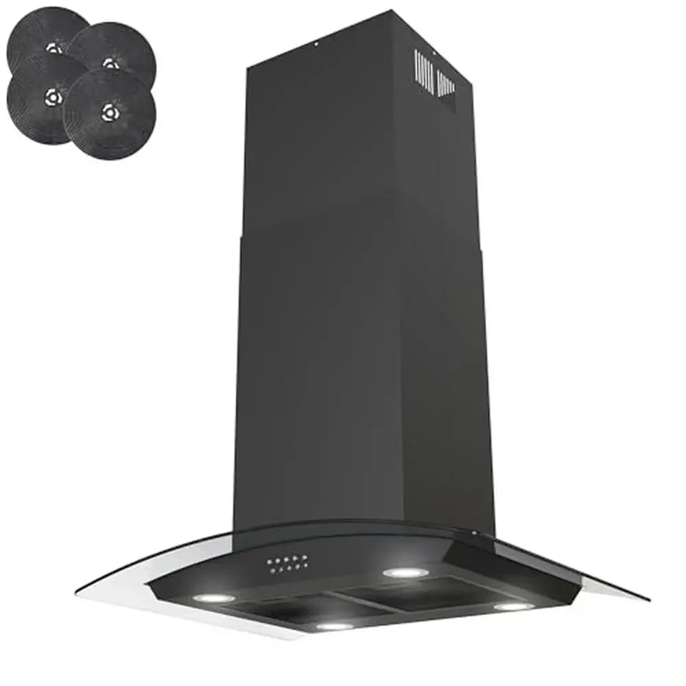 Campana extractora convertible de 30 ", ventilador de 3 velocidades, luces LED, vidrio templado negro mate, chimenea de techo con conductos de 350 CFM CF0011