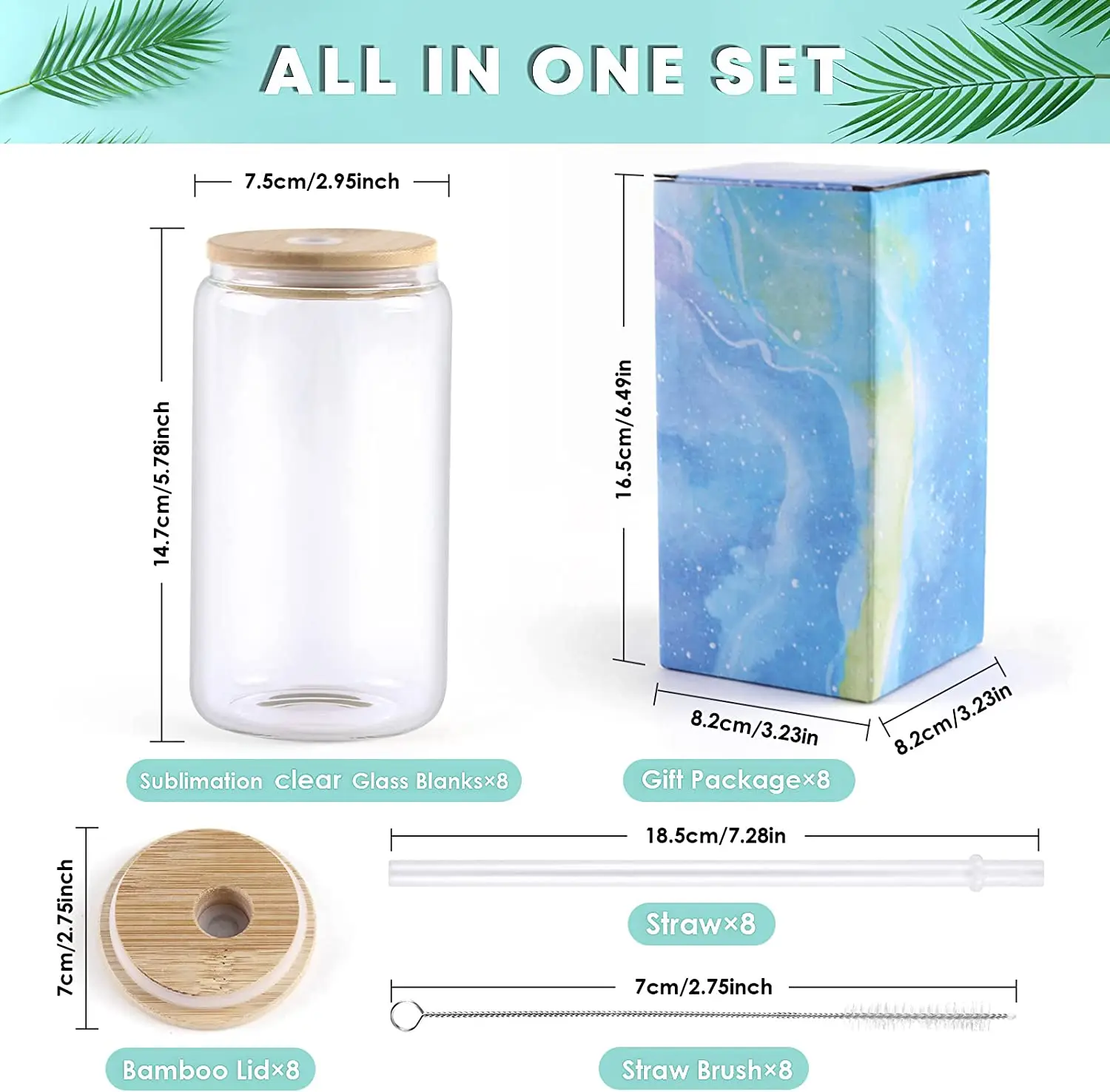 HTVRONT 8/4 Pack 16OZ Clear/Frosted Glass Sublimation Tumblers with Bamboo Lid Sublimate Tumbler Blanks DIY for Iced Coffee Cups