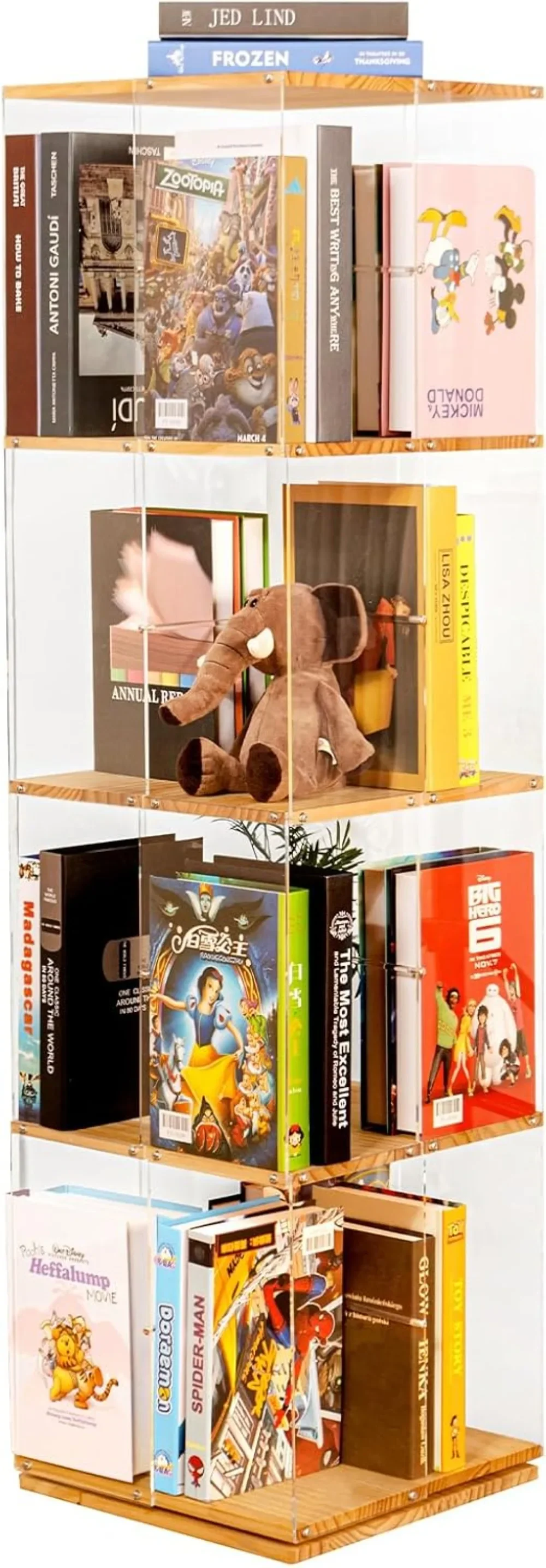 

Rotating Bookshelf, 360 Degree Revolving Bookcase, 4-Tier Spinning Bookshelf, Clear Acrylic & Solid Wood Rotating Bookcase