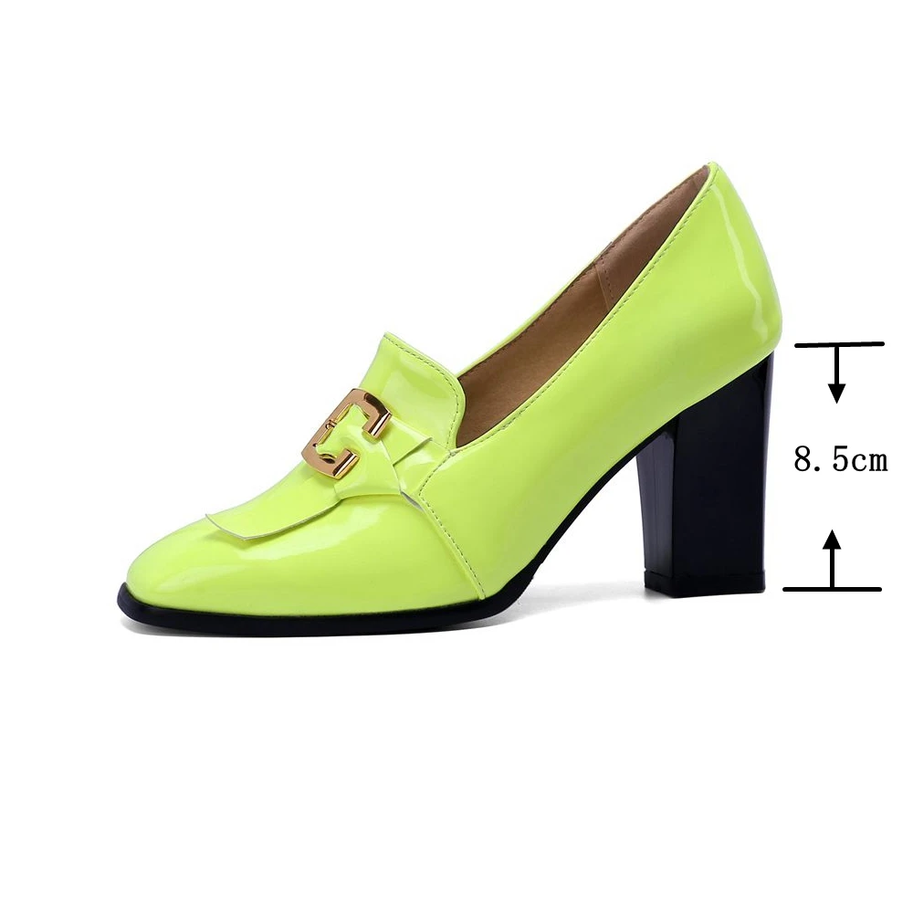 ASILETO 2022 Women Pumps Square Toe Block Heel Slip-on Shallow Metal Decoration Large Size 32-50 Office Lady Black Green S3957