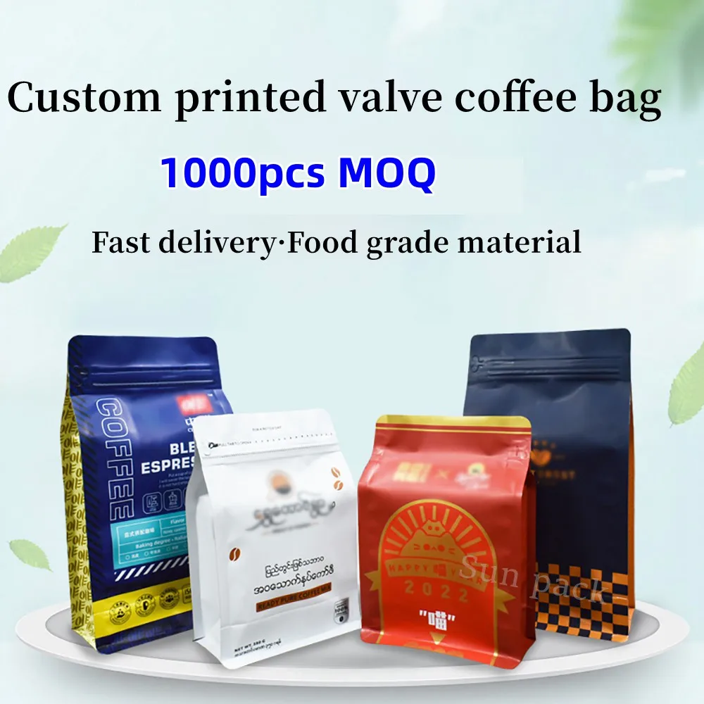 Custom Digital Printed Resealable Aluminum Foil Lined 250g 500g Zip Lock Flat Bottom Coffee Bean Packaging Bag with Valve