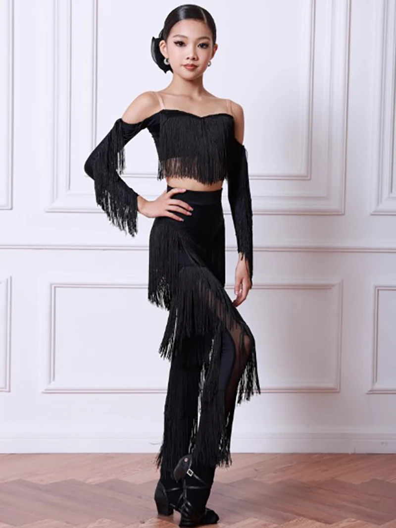 Costume da ballo latino per adulti da donna per bambini e ragazze, completo da pratica, top e pantaloni da ballo con nappe, set di abbigliamento da ballo standard nazionale