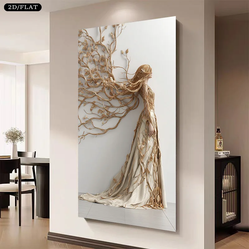 2D/Flat Large Abstract Beige Golden Leaf & Vine Woman Canvas Wall Art
