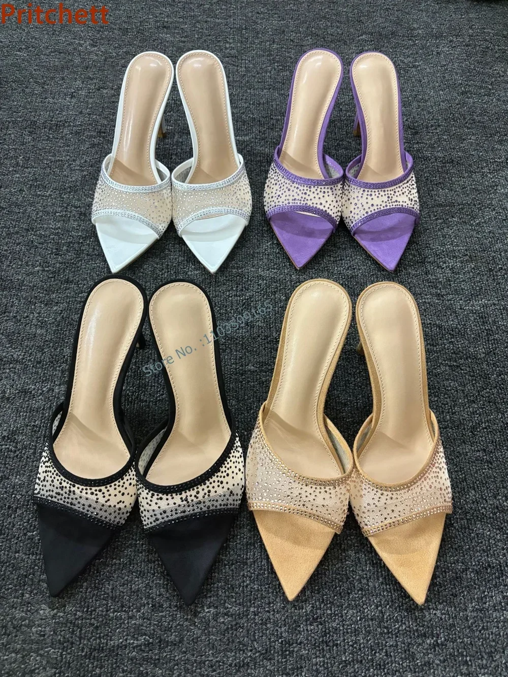 Crystal Air Mesh Sandals Peep Toe Thin Heels Slingback Slip On Mixed Color Stiletto Shoes Summer Elegant Leisure Sandals