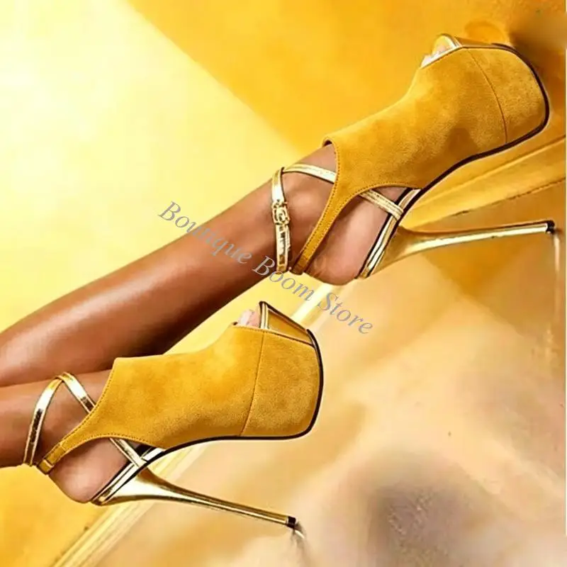 Sandalias de plataforma con tiras doradas, de ante, en color rojo, azul marino y con tacón súper alto, con correa al tobillo y punta abierta, ideales para presentaciones en el escenario, zapatos de mujer para el verano.