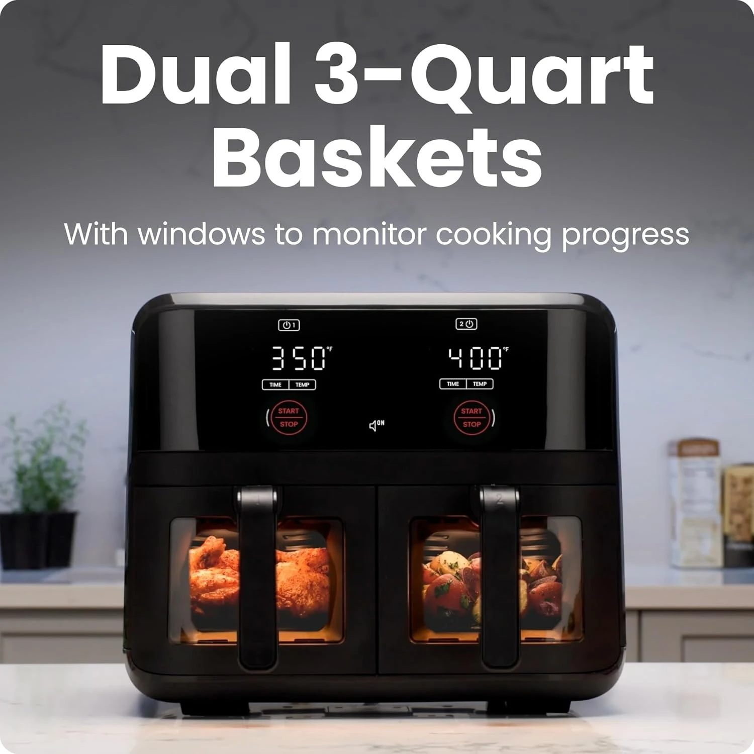 

6 Quart Dual Basket Air Fryer Oven with Easy View Windows, Sync Finish, Hi-Fry, Auto Shutoff, 2 Independent 3Qt Nonstick