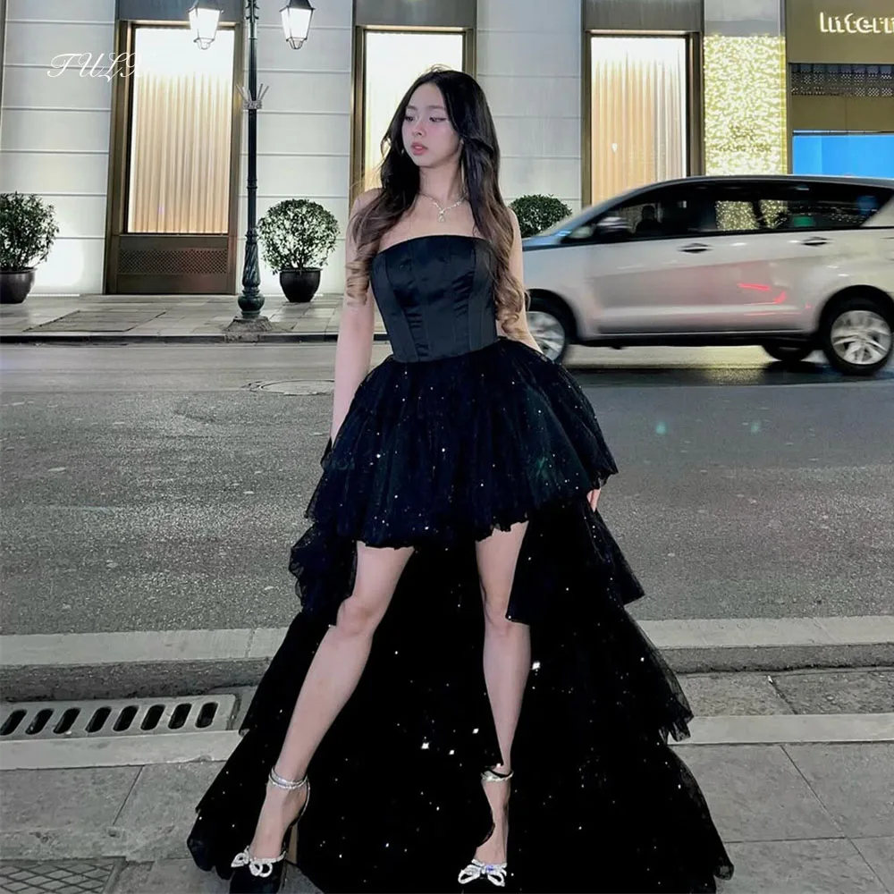 TULX – robe de soirée en Tulle noir scintillant, élégante, sans bretelles, en Satin, ligne A, longue, à plusieurs niveaux, pour occasions formelles, personnalisée