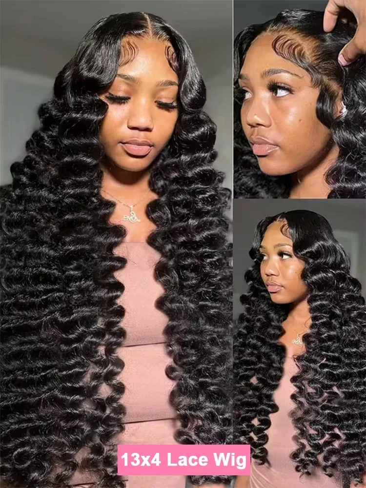 Perruque Lace Frontal Wig naturelle bouclée, cheveux humains, Deep Wave, 40 pouces, 13x6, 13x4, HD, transparente, densité 220, pre-plucked, pour femmes