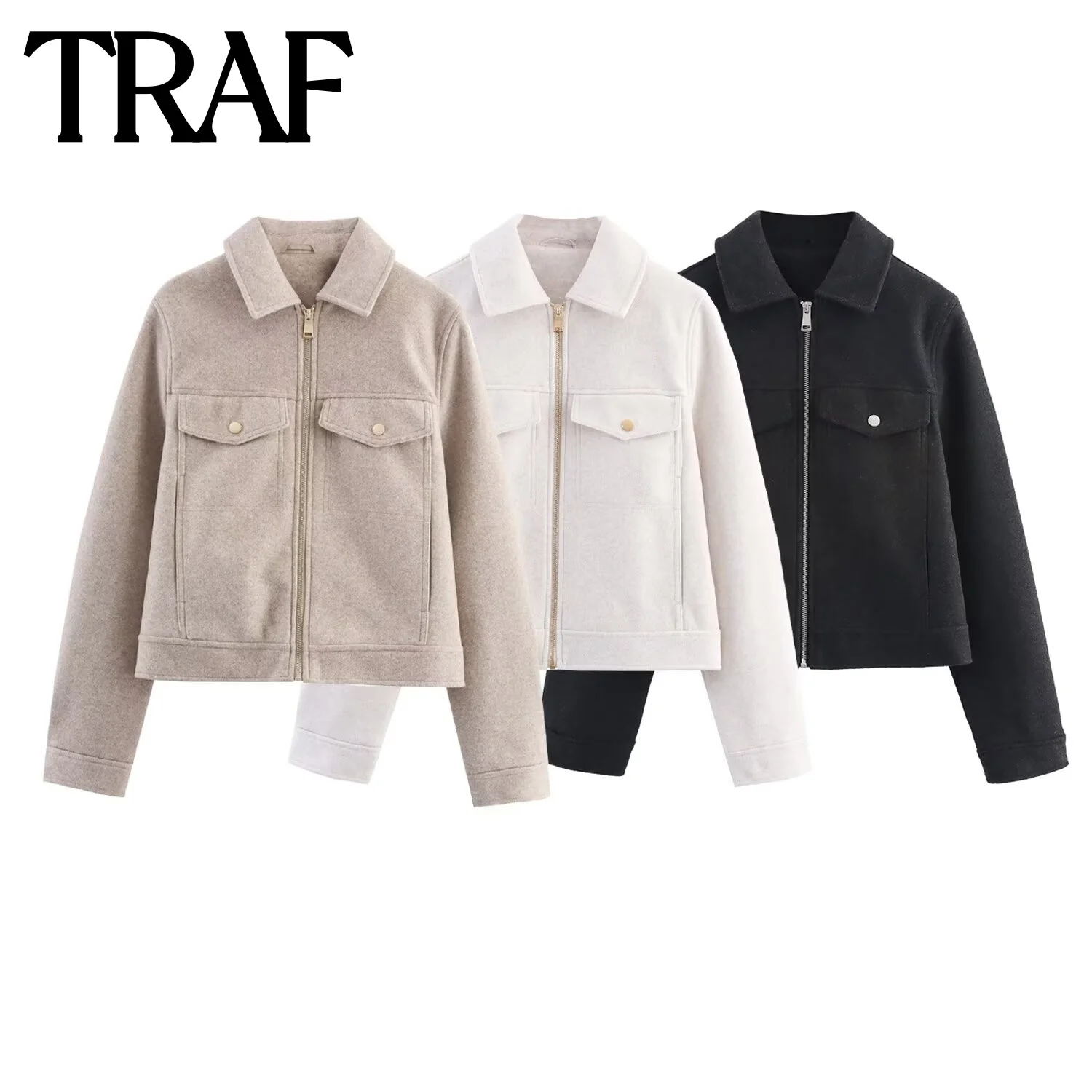 

TRAF solid color lapel pocket decoration women's autumn new item 2025 versatile soft zipper long sleeved jacket short