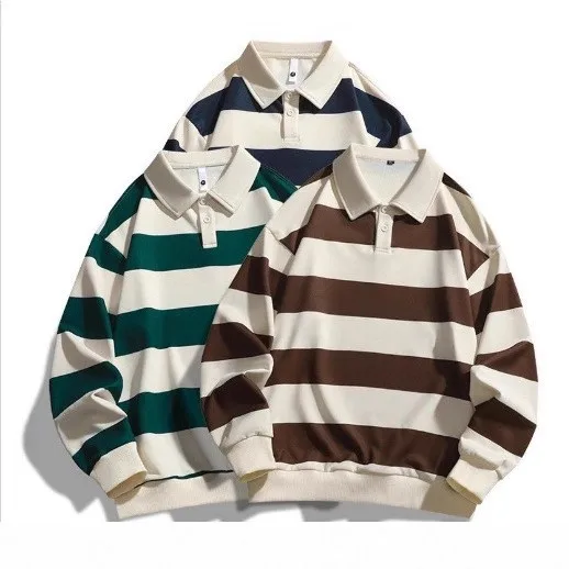 

Spring Summer Men's Clothing Striped Loose Fit Casual Long Sleeve Shirt For Man Polyester Double Pique Knit