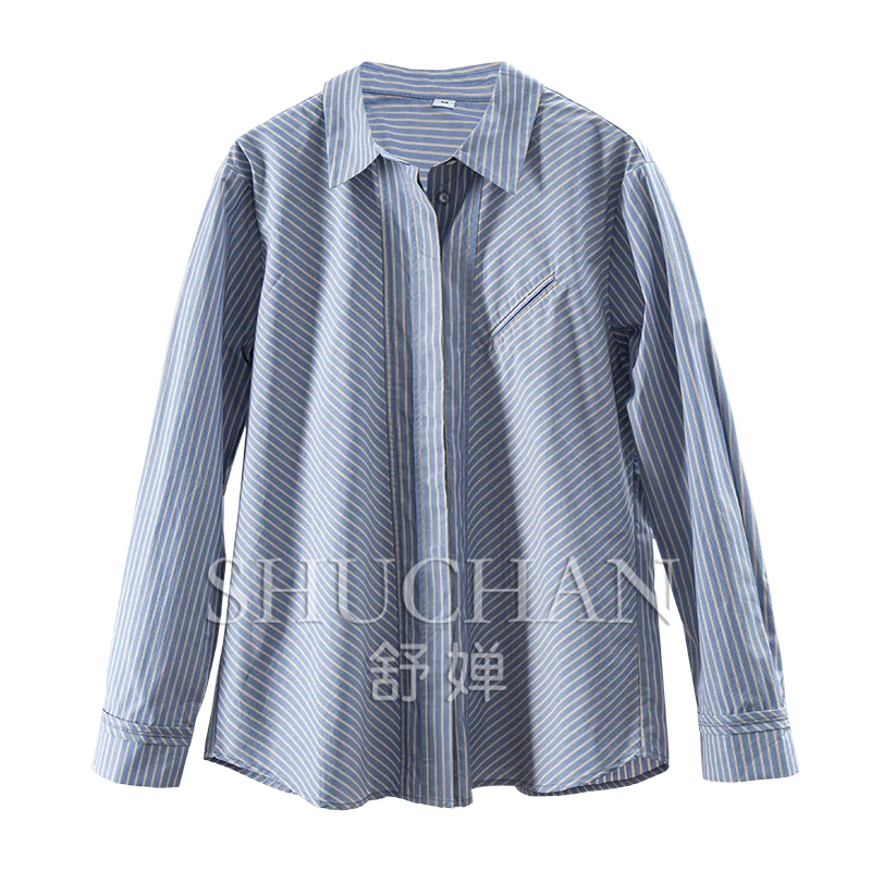 

Classic But Not Outdated High-count Long-staple Cotton Diagonal Striped Long-sleeved Shirt Women Blusa Feminina