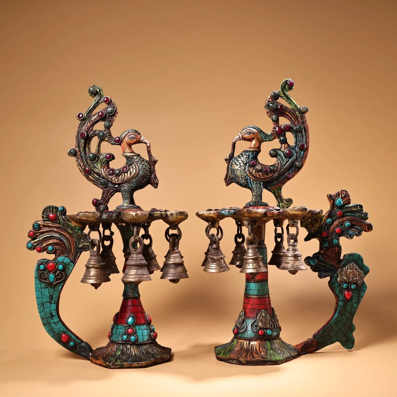 

13"Tibetan Temple Collection Old Bronze Painted Outline in gold Mosaic Gem Turquoise Phoenix statue Oil lamp Candlestick A Pair