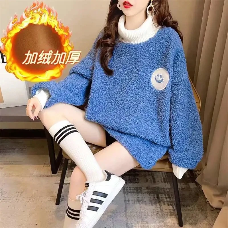 

2023 New Thicken Sweater Womens Loose Velvet Large Size Sweaters Autumn Winter High Neck Warm Long Sweatershirt Female Pullover