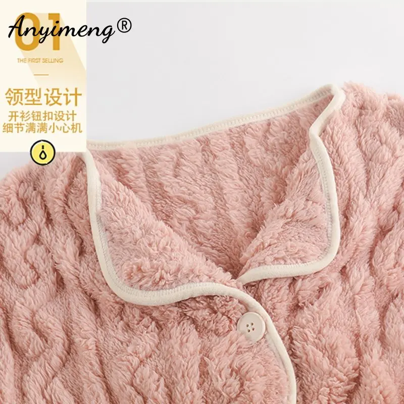 Winter Thick Cardigan Pajamas for Women Elegant Small V-neck Jacquard Velvet Pijama for Lady Kawaii Girl Thermal Teddy Sleepwear