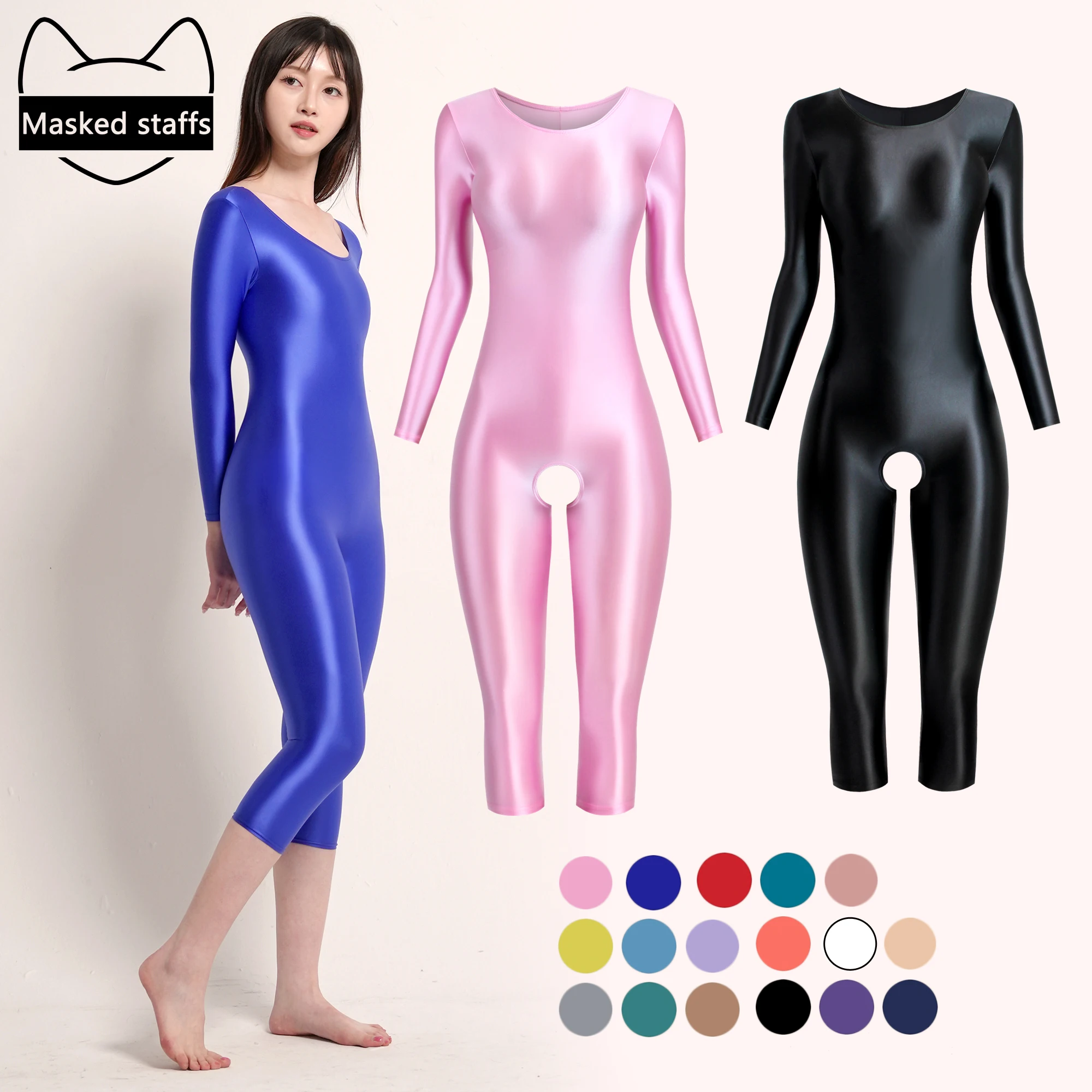 

Open crotch Tights Oil Glossy Catsuit One-piece Sport Pant long sleeves Playsuit Rompers Overalls Sexy Open crotch Jumpsuit