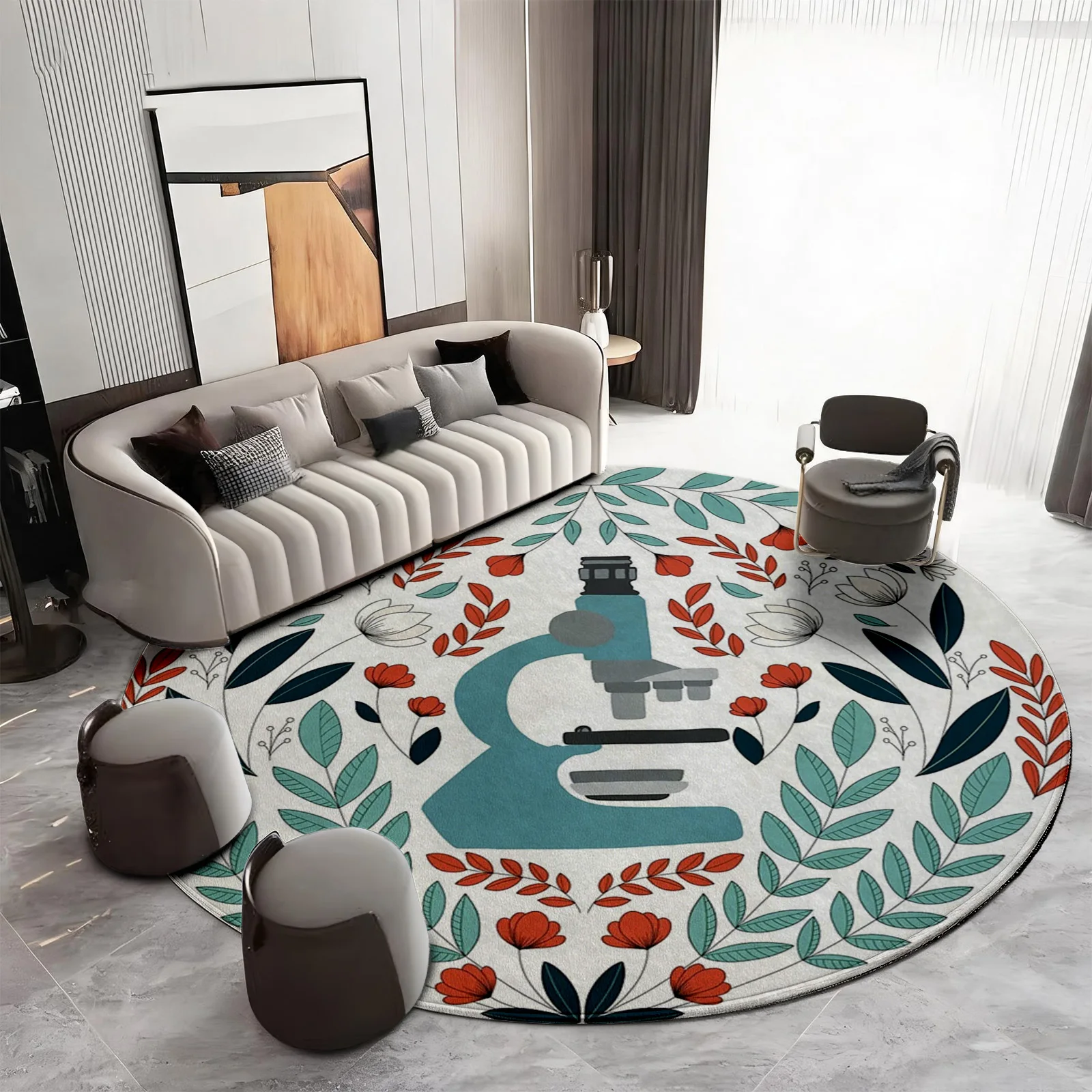 Tapis rond à motif botanique de microscope scientifique pour salon, décoration intérieure, tapis de sol moderne bohème floral pour salle de classe
