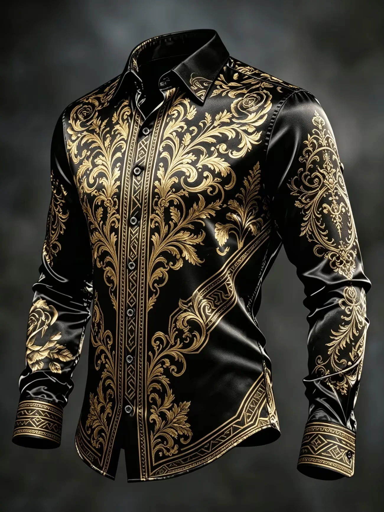 New Arrival Black Satin Flannel Rose Trimmed Men's Long Sleeve Shirt - Light Luxury Business Casual Fit Shirt