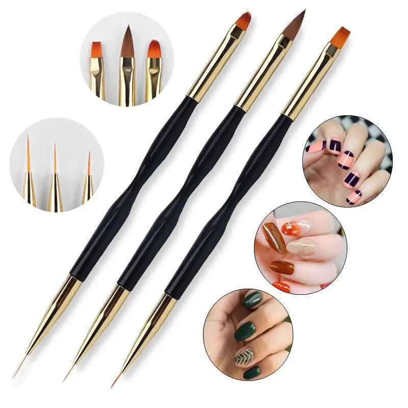 LULAA 3 Pcs Nail Drawing Pen Dual End Nail Art Pen Brush Acrylic Round Flat Painting Drawing Liner Nail Tools for Nail Art Diy