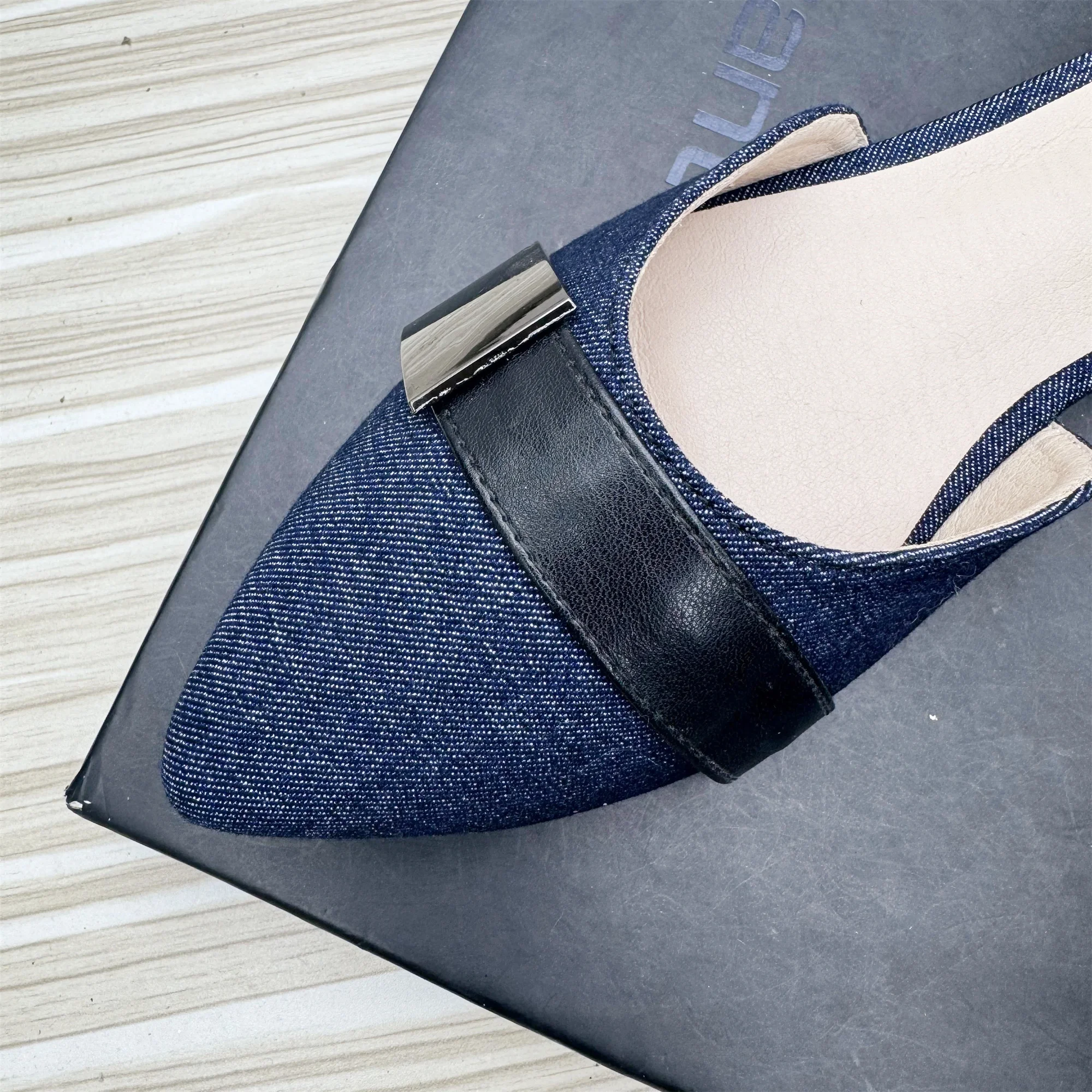 Women Flats Pointed Toe Denim Cloth Side Empty Female Sandals Navy Blue Buckle Flat Heel Summer Shoes for Girls Size 44 43 33 34