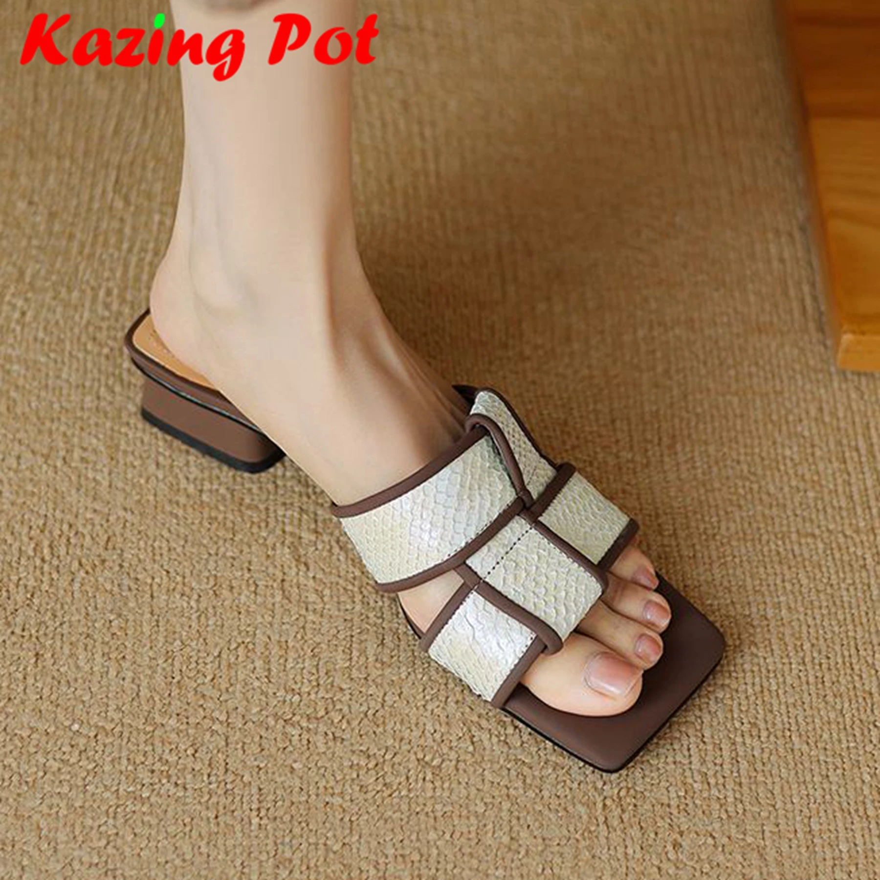 Krazing Pot Peep Toe Natural Leather Summer Shoes Weaving Style Mules British School Office Lady Elegant Dating Women Sandals