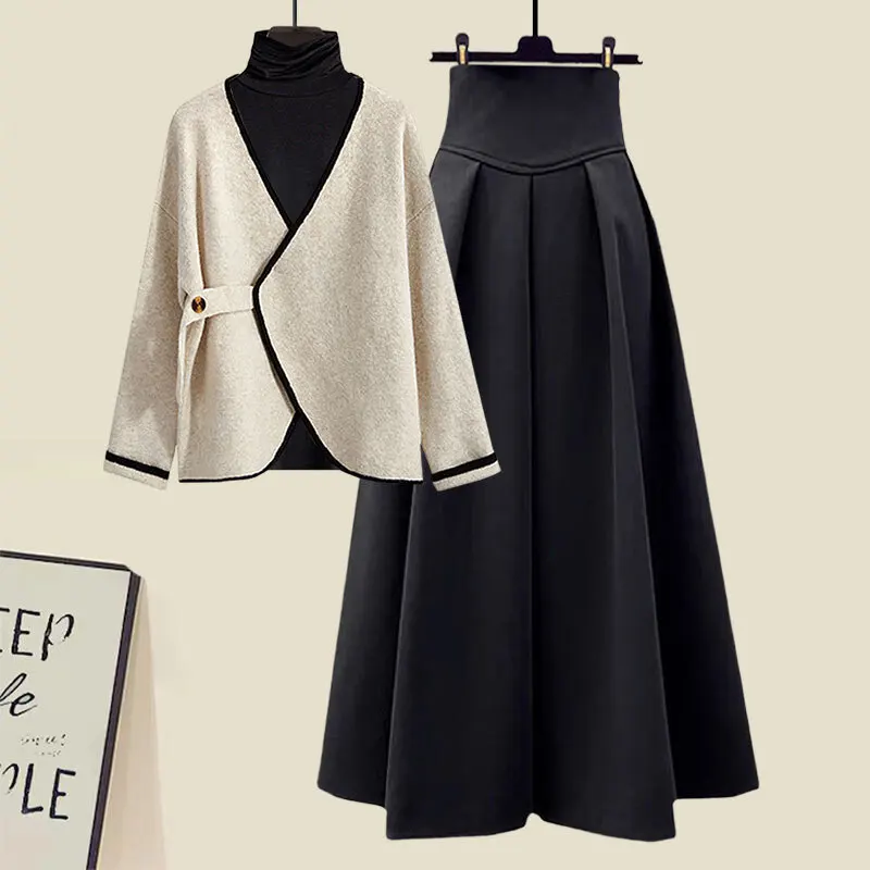 Fall Winter Elegant 3 Pieces Set For Women Outfits Korean Turtleneck Basic Shirts+knitted Cardigans+high Waist A-line Skirts Set