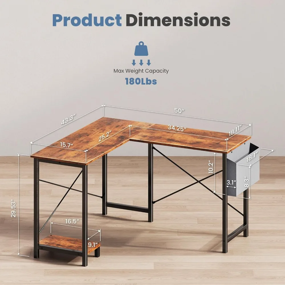 مكتب على شكل حرف L مقاس 50 بوصة للمكتب المنزلي والألعاب والدراسة مع رف تخزين جانبي