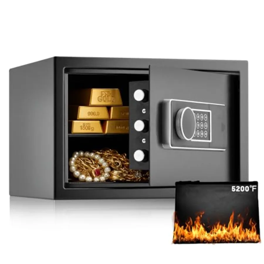 

Home security safe box: steel construction, black finish, fireproof bag included, digital keypad with alarm and spare keys, 1.3