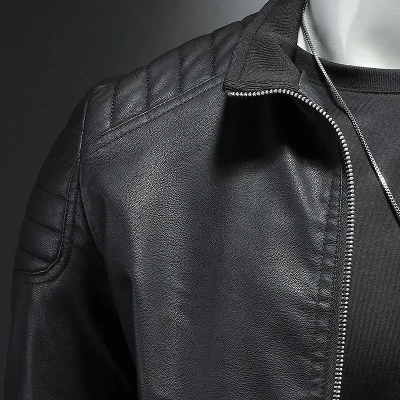 NEUE Frühlings-Motorradjacke aus PU-Leder für Herren, Lederjacke mit Stehkragen, lässiger Windbreaker, trendige Herrenbekleidung – Detail 10
