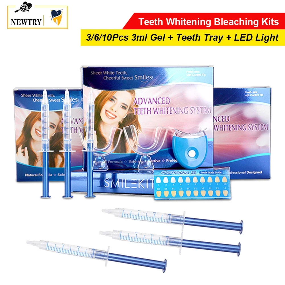 

3 Types Teeth Whitening Gel Syringe 44 Peroxide Kit Dental Tooth Bleaching LED Light Oral Hygiene Care Mouth Tray Device System