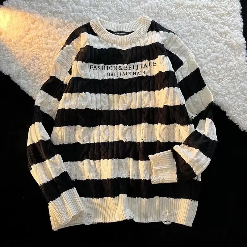 

Loose Fit Striped Knit Sweater Large Size 300 Pou Hong Kong Sle Vintage Design Winter ential Boys Faion Top