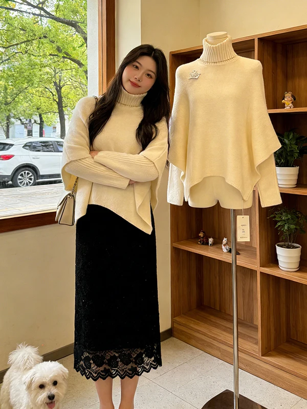 

Fashionable High-Neck Sweater And Skirt Set Women's plus Size Spring 2026 New Style Shawl Half-length Skirt Two-piece Set