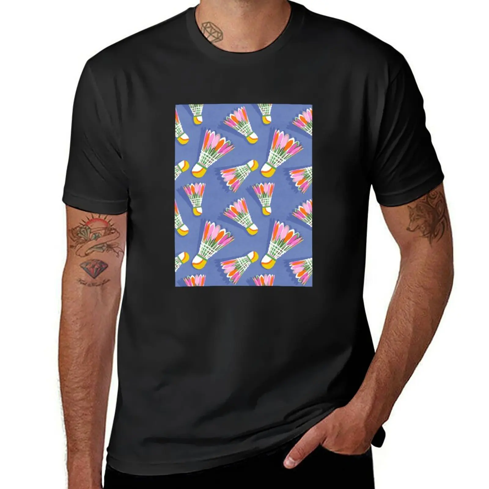 Badminton Birdie Pop Art court sport pattern on BLUE T-Shirt quick drying vintage clothes Men's clothing