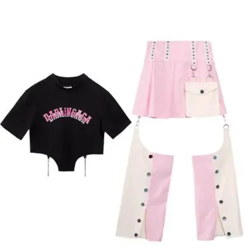 2024 New Girl Jazz Modern Dance Children's Wear Black Open Navel Top Pink Pants Set Fashion Hip Hop Dance Mad Dress