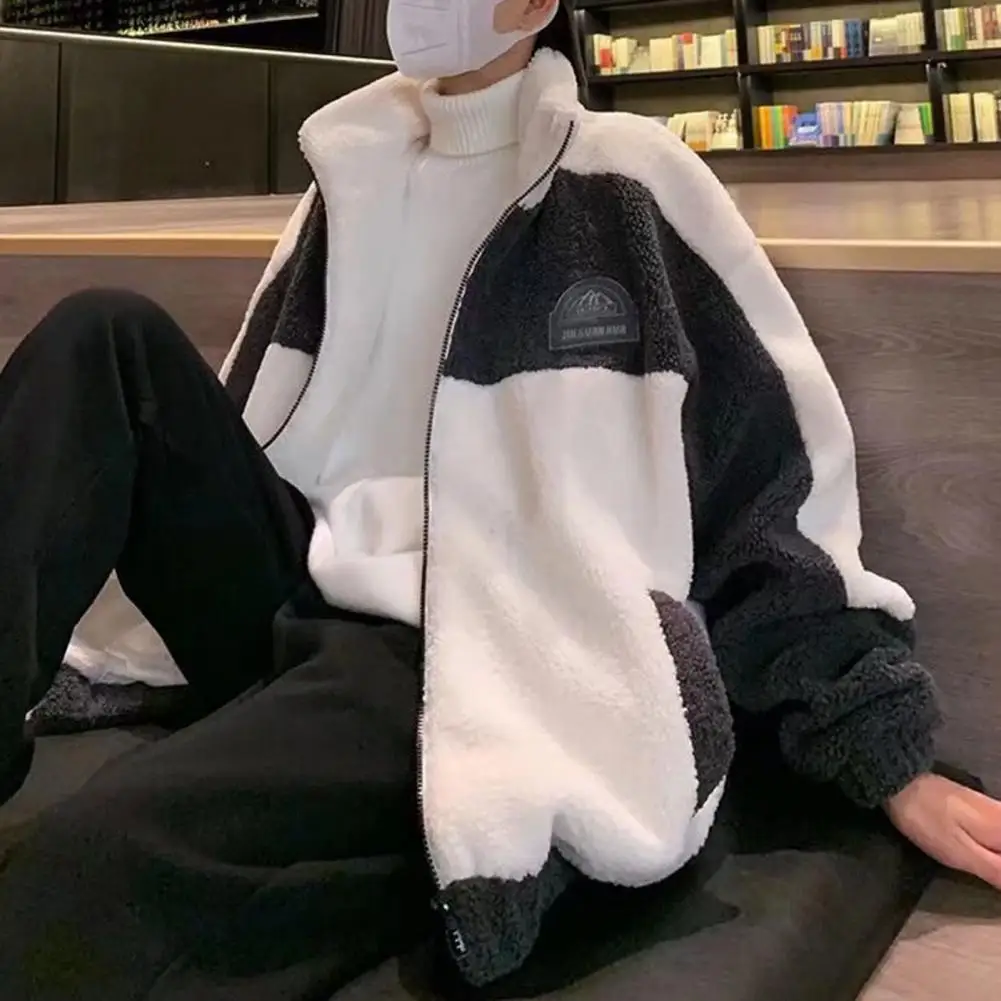 

Autumn Winter Imitation Cashmere Men Coat Stand Collar Long Sleeve Pocket Hip-hop Jacket Patchwork Color Loose Plush Outwear