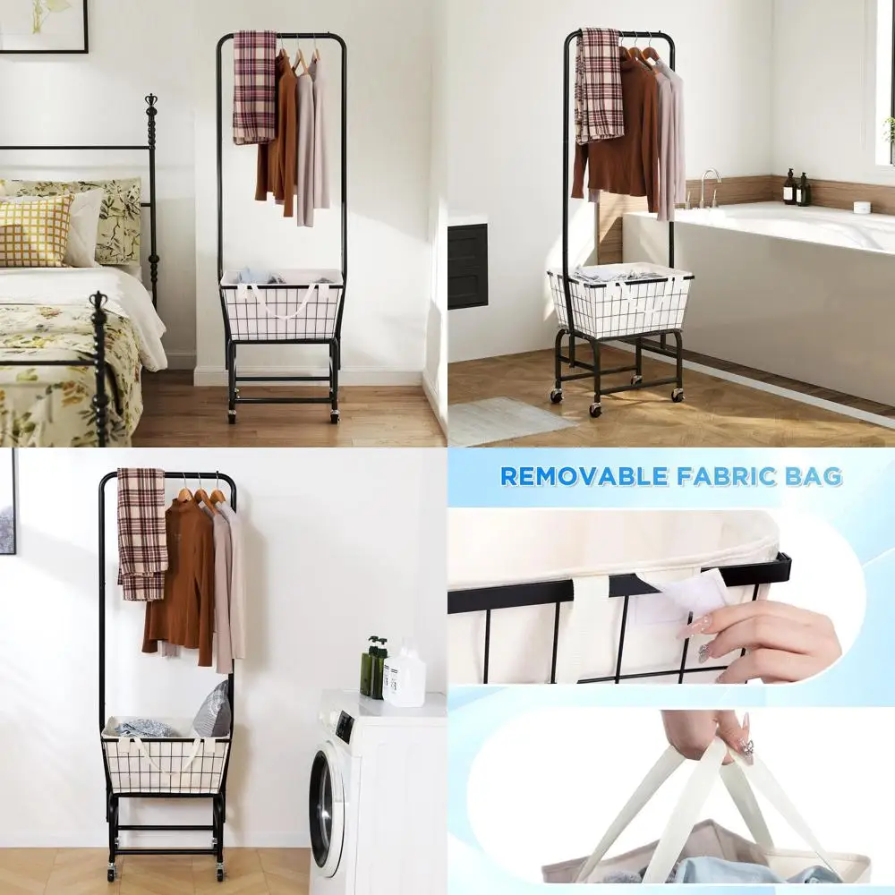

Black Rolling Laundry Cart with Detachable Bags and Clothes Rack
