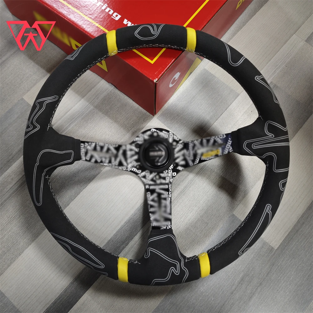 

Latest Hot High quality MO*MO Leather sports Steering Wheel Racing Car 350mm 14inch Suede Leather Steering Wheel