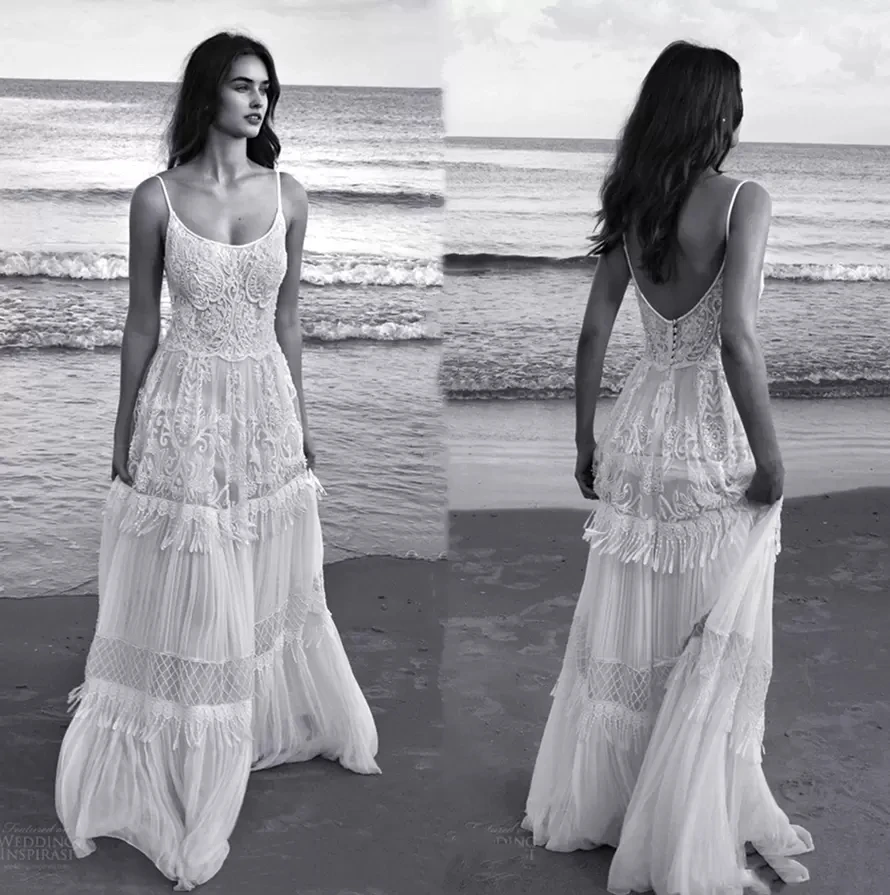 Sexy espaguete praia vestidos de casamento sem costas sem mangas verão boho vestido de noiva rendas apliques 2023 chiffon vestido novia