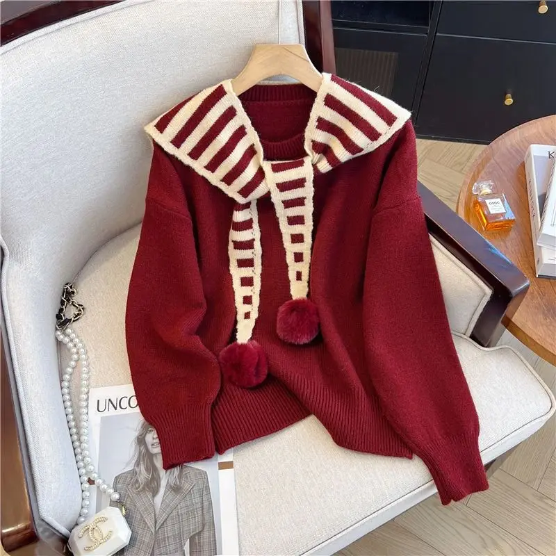 

Gagarich Christmas Red Striped Shawl Sweater Women Autumn Winter Lazy Style Soft Sticky Fake Two-piece Knitted Pullover Top