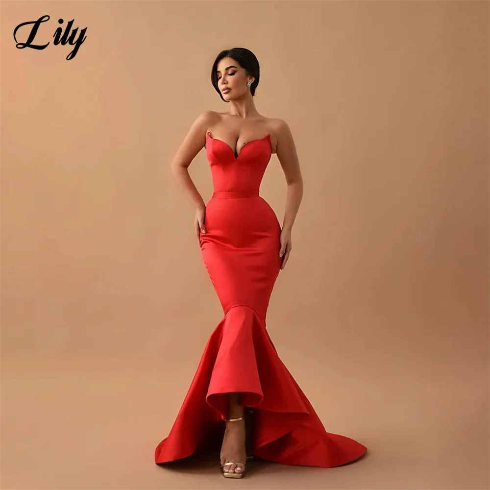 Lily Red Mermaid Prom Dresses, V Neck, Stain Party Dress, Lace Up Back, Ruched Sweep Train, Robe para eventos especiais