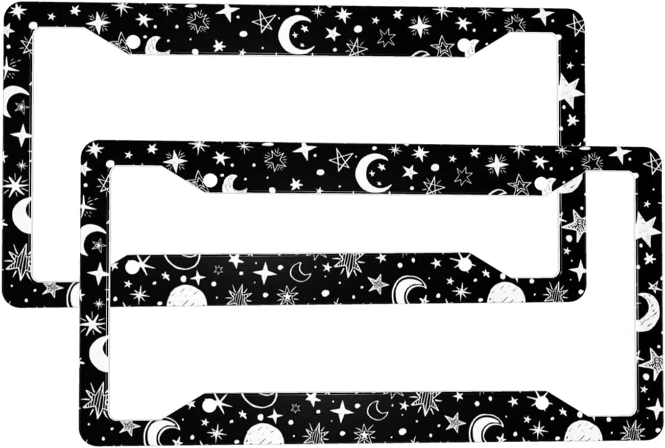 Black White Moon and Star License Plate Frame Covers 2 PCS Set Novelty Car Tag Holder Quality Aluminum Metal Fashionable