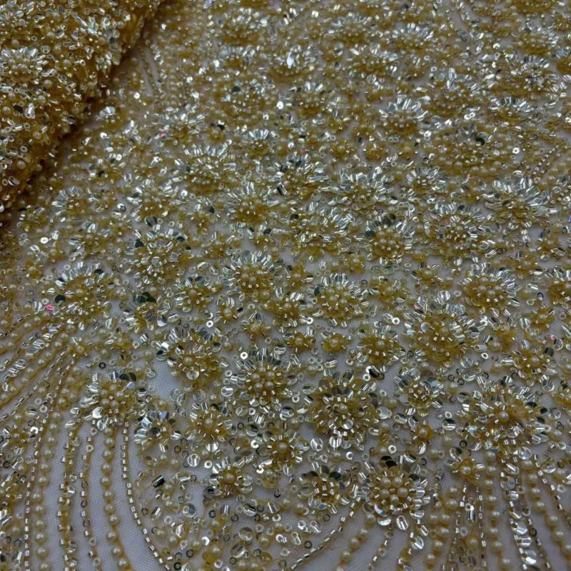 Sequins Bugle Bead Embroidery Mesh Fabric for Fashion Wedding Dress Clothing Design Cloth Diy By The Yard Sewing Material
