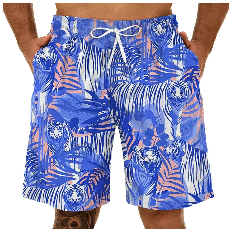 Calções de praia havaianos coloridos com estampa 3D masculino, calção de surf secagem rápida, padrão plantas tropicais, calção de verão, casual