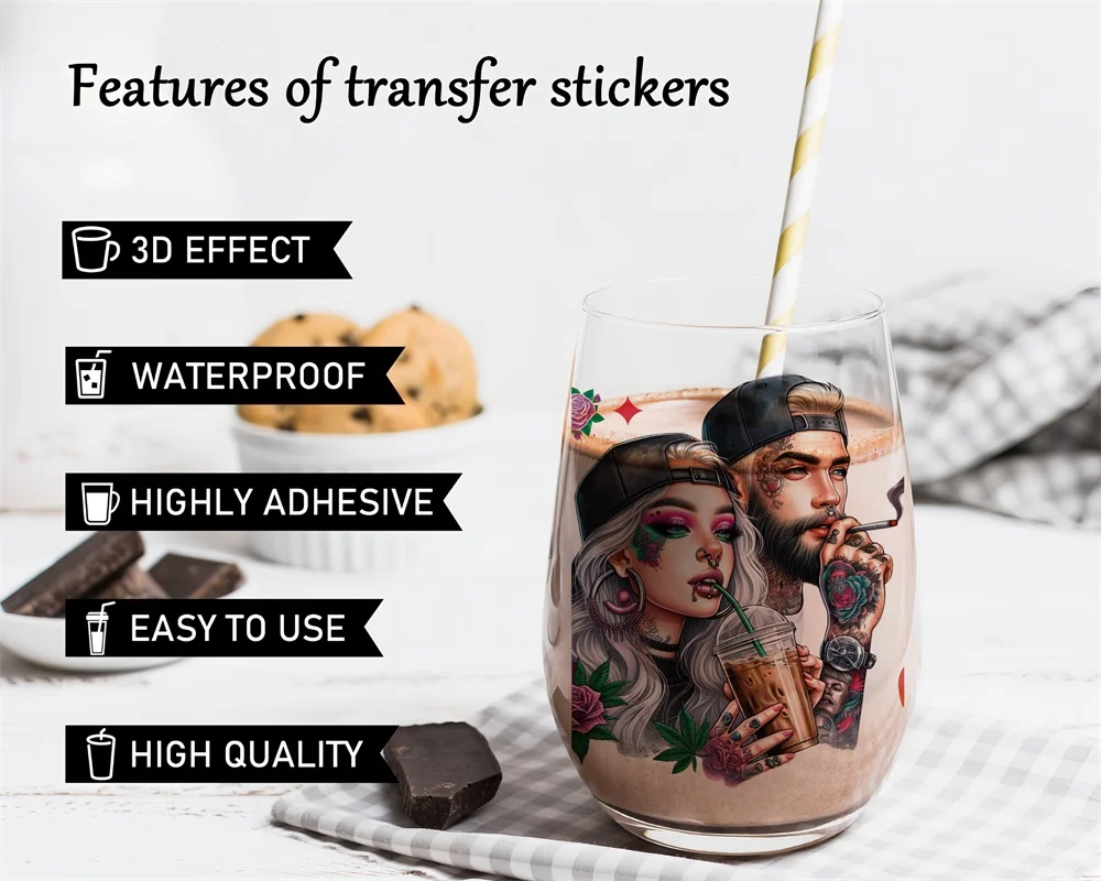 Cartoon Character UV DTF Cup Wrap for Glass 16OZ Cute Wrap Transfer Stickers for Cup Tumbler Waterproof Decal Water Bottles