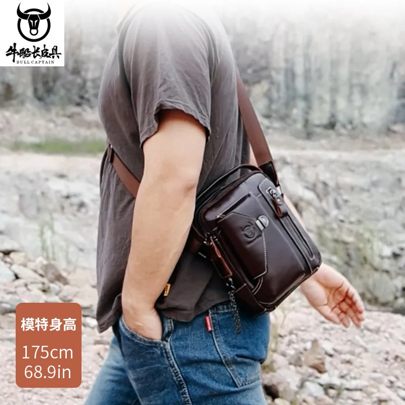 Men's real leather square shoulder bag horizontal layer of cowhide mobile phone tablet storage large opening hand cross-body bag