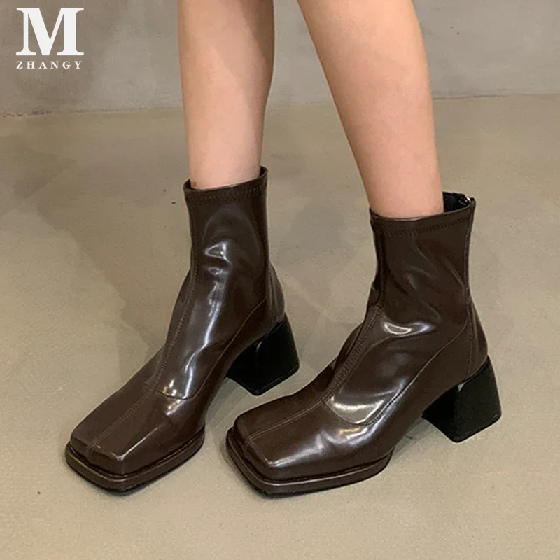 Botines De tacón alto con punta cuadrada para Mujer, zapatos De cuero grueso, elegantes, estilo Chelsea, para la nieve, invierno, 2024