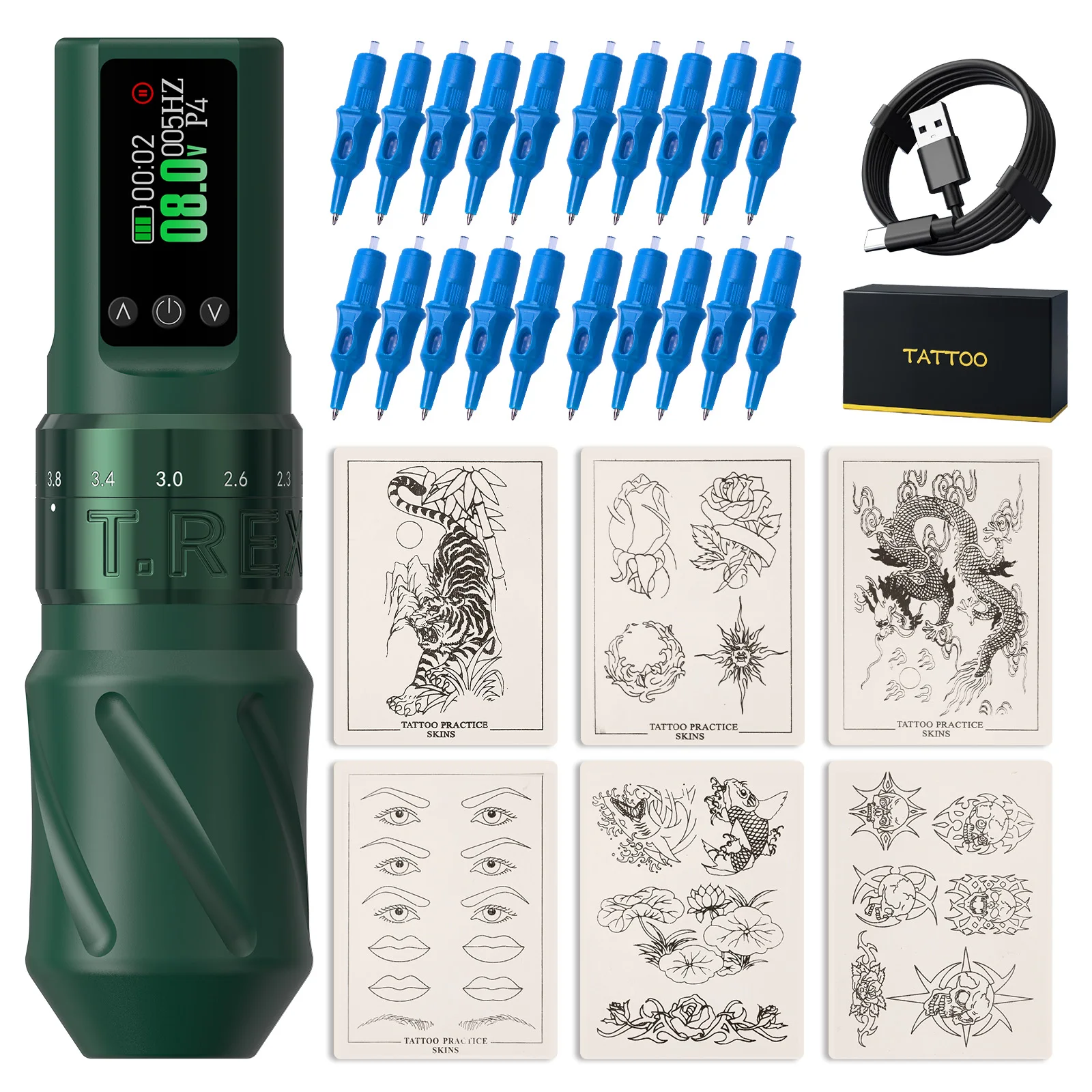 

Tattoo Gun Kit T-Rex Tattoo Kit Complete Wireless Tattoo Machine 1600mAh Power Adjustable 7 Types of Itinerary Beginner Set